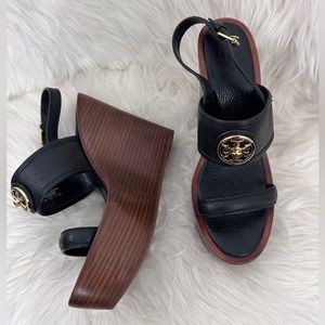 Tory Burch selma logo wood wedge heels